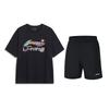 Li Ning Loose Comfortable Versatile Short Sleeve Top Fashion Simple Five Point Shorts Casual Sports Suit Unisex Sets Black AHSU745-1+YKST119-1