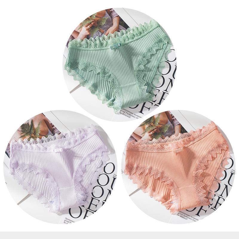 Cotton Panties Woman Sexy Lace Briefs Fashion Solid Color Knickers Girls Bow Underpants Set Underwear 3 Pcs/lot