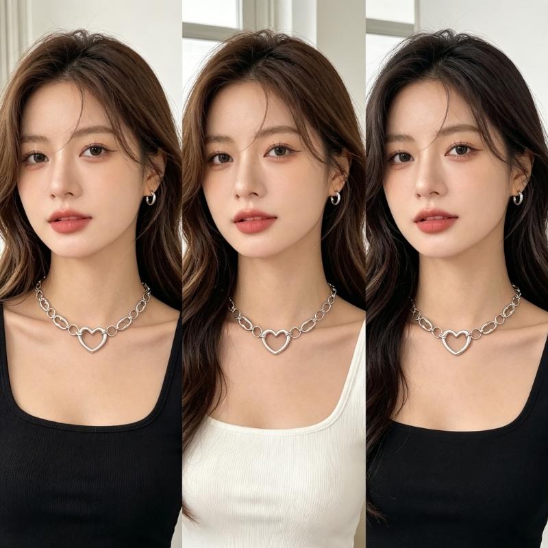 Open Heart Pendant Necklace for Women, Silver Tone Link Chain Jewelry with Adjustable 31-40 Cm Length for Daily Outfits and Gift Use