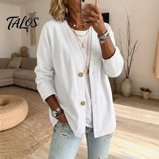 Talos Women's Button Front Faux Denim Jacket, V Neck Long Sleeve Casual Coat, Vintage Loose Fit Imitation Jeans Cardigan