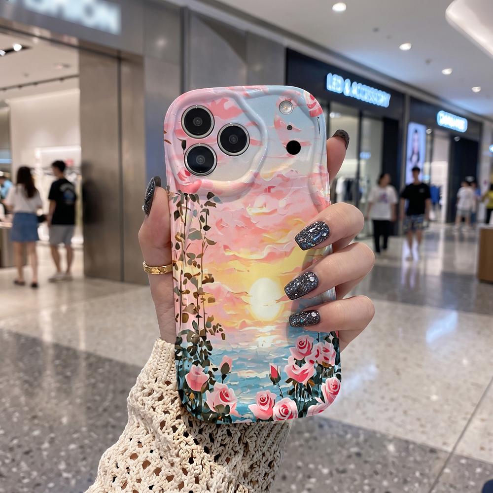 Watercolor Sunset Ocean Rose Wavy Edge Phone Case For iPhone 17 16 15 14 13 12 11 8 7 Plus Pro Max Scenic Soft Back Cover