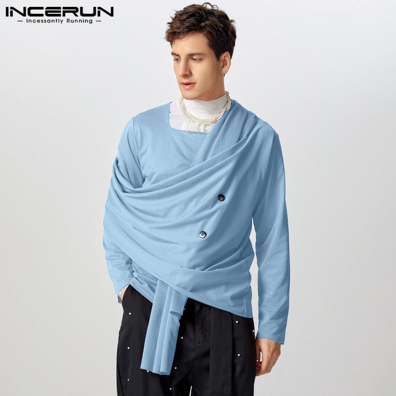 INCERUN Men Cowl Neck Long Sleeve Ruffled Loose Tops Front Cross Wrap Shirts