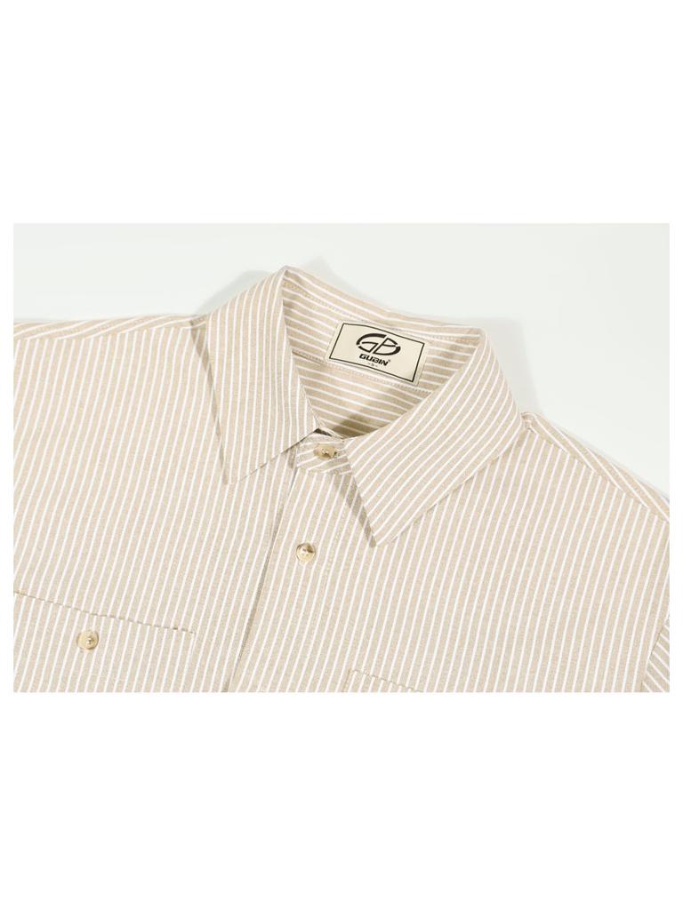 GUBIN Lettering Sleeve Striped Shirt - Beige