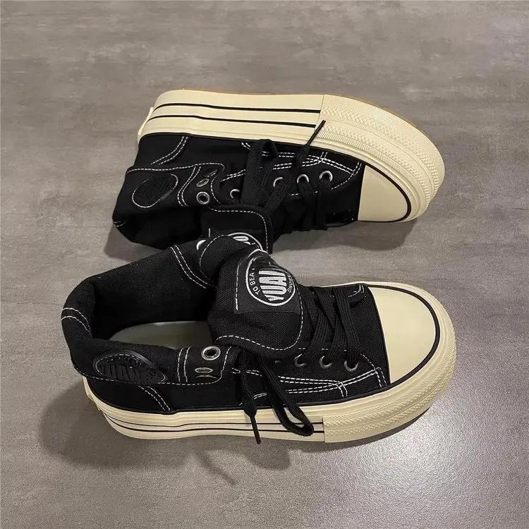 

Модные Новые Женские Высокие Кеды на Канвасе, Сникеры с Внешним Фланцем, Двухцелевые Короткие Ботинки, Толстая Подошва, Увеличение Высоты, На Шнуровке 36 чёрный