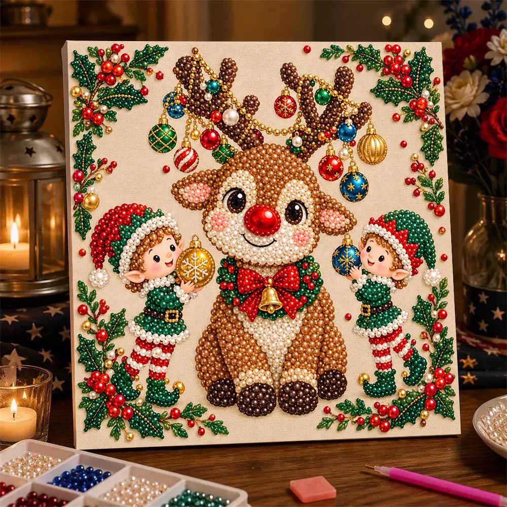 Набор для DIY-рисования жемчугом в мини-рамке Рождественский олень Эльф 3D блестящая картина из бусин на холсте Расслабляющее рукоделие для декора стола Подарок