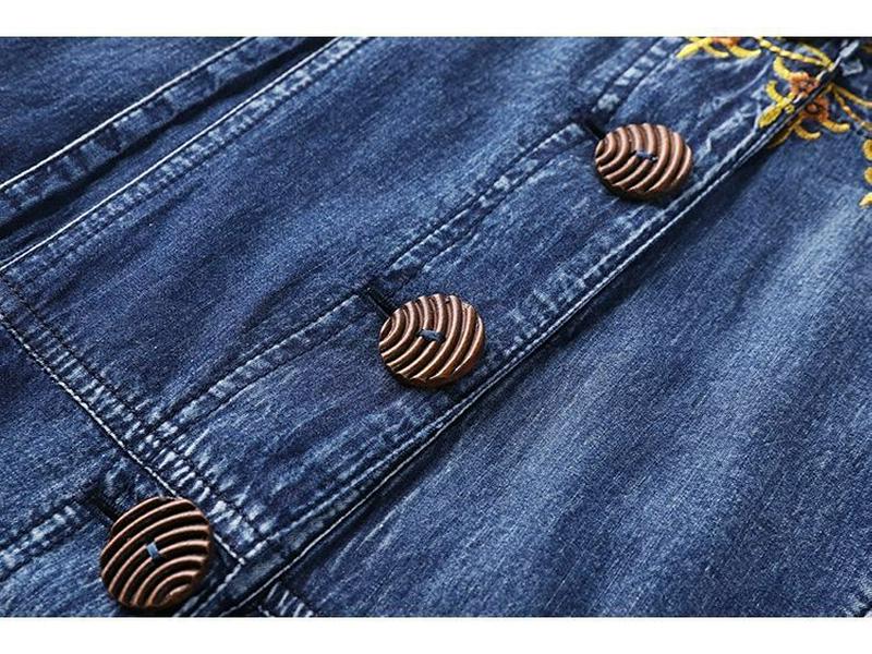 Ethnic Embroidered Denim Strappy Maxi Dress - Slimming Ankle-Length Style