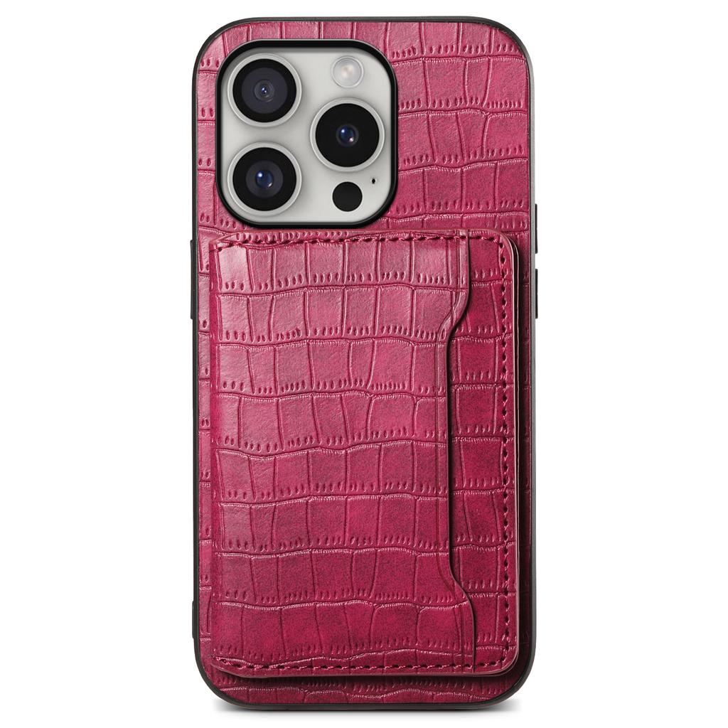 For iPhone 16 Pro Case Card Holder Kickstand Crocodile Texture Leather Back Phone Cover