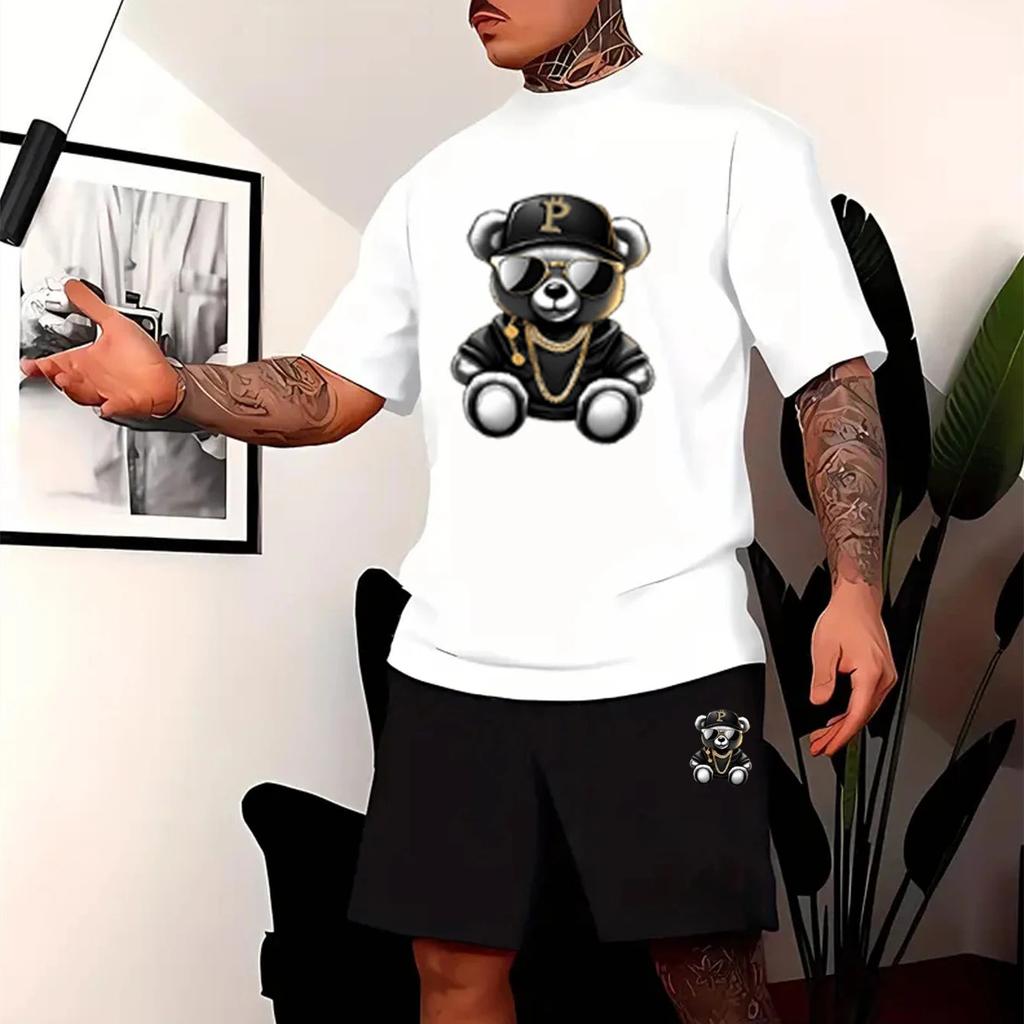 Men's Short-sleeved Shorts Summer Suit Men's T-shirt Trend Printing Round Neck Men's Suit with Sports Two-piece Men's Suit