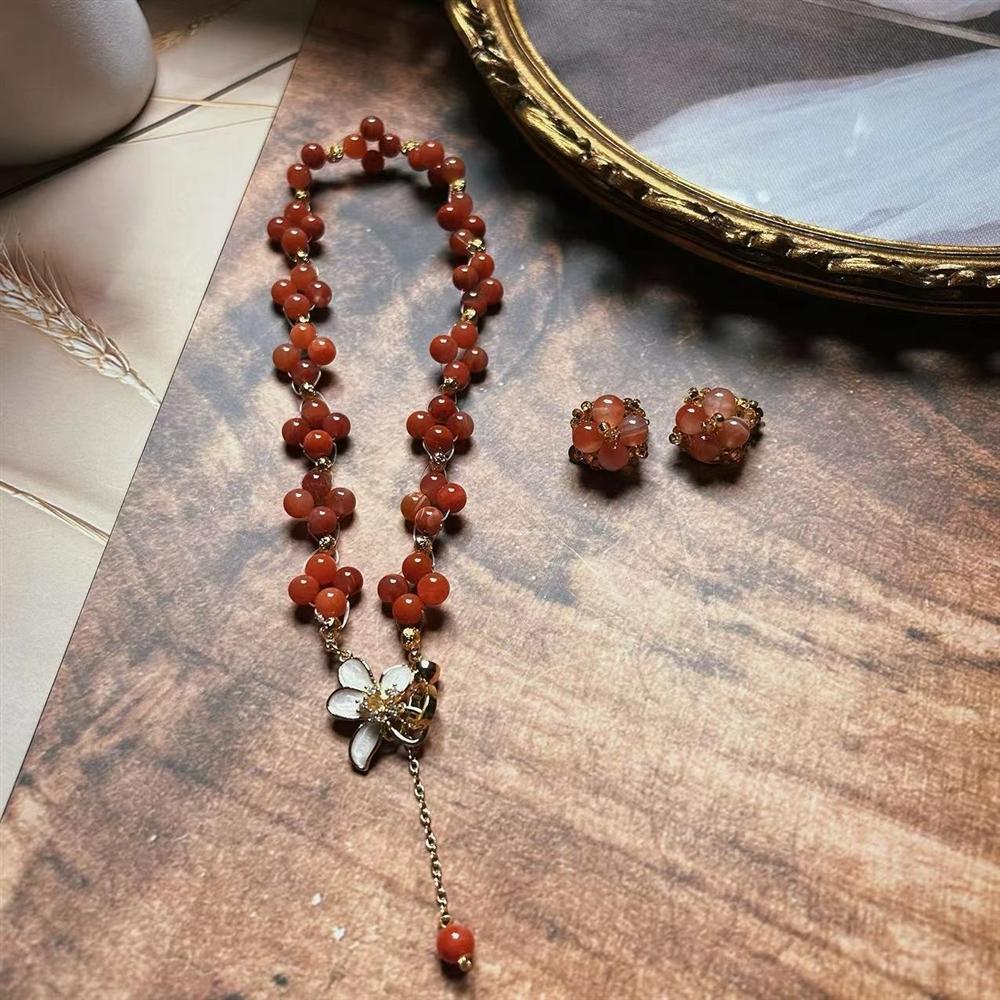Vintage Natural Stone Antique Classic Southern Red Agate Double-layer Necklace and Bracelet Set
