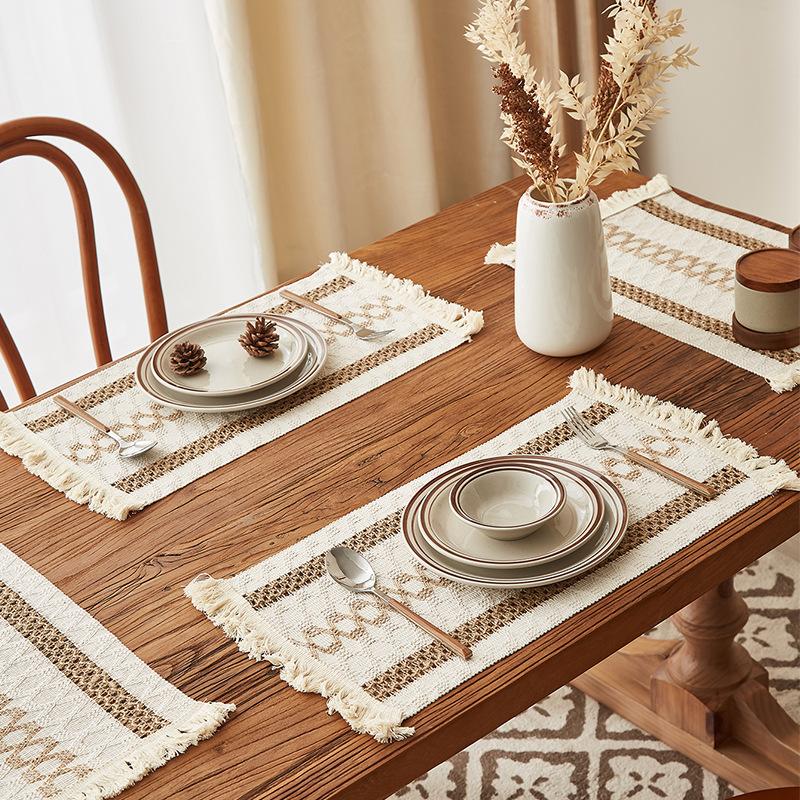 Simple woven tassel American cotton and linen square splicing natural material placemat table mat holiday decorative hemp rope