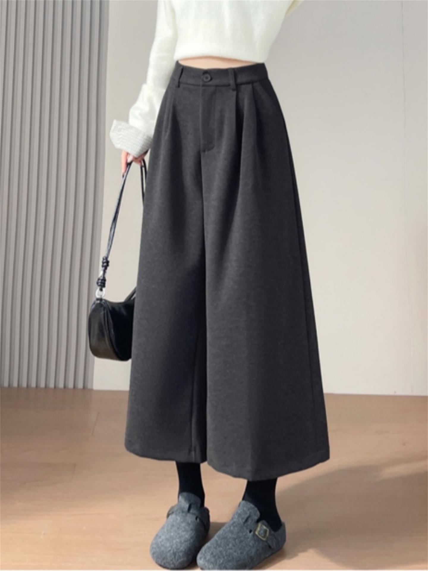 

Women s Gray Wool High-Waist Wide-Leg Cropped Pants - Loose Fit, Slimming, Pear Shape, Casual Wear for Spring and Autumn 3XL