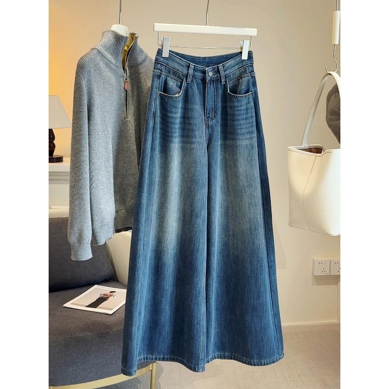 

Fleece thickened high-waisted wide-leg jeans women s winter, new retro versatile loose drape floor pants L темно-синий