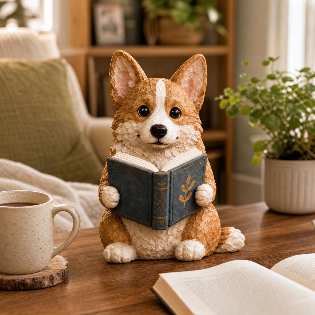 Dog Reading Book Statue Decorative Figurine for Bookshelf Desk Home Decor