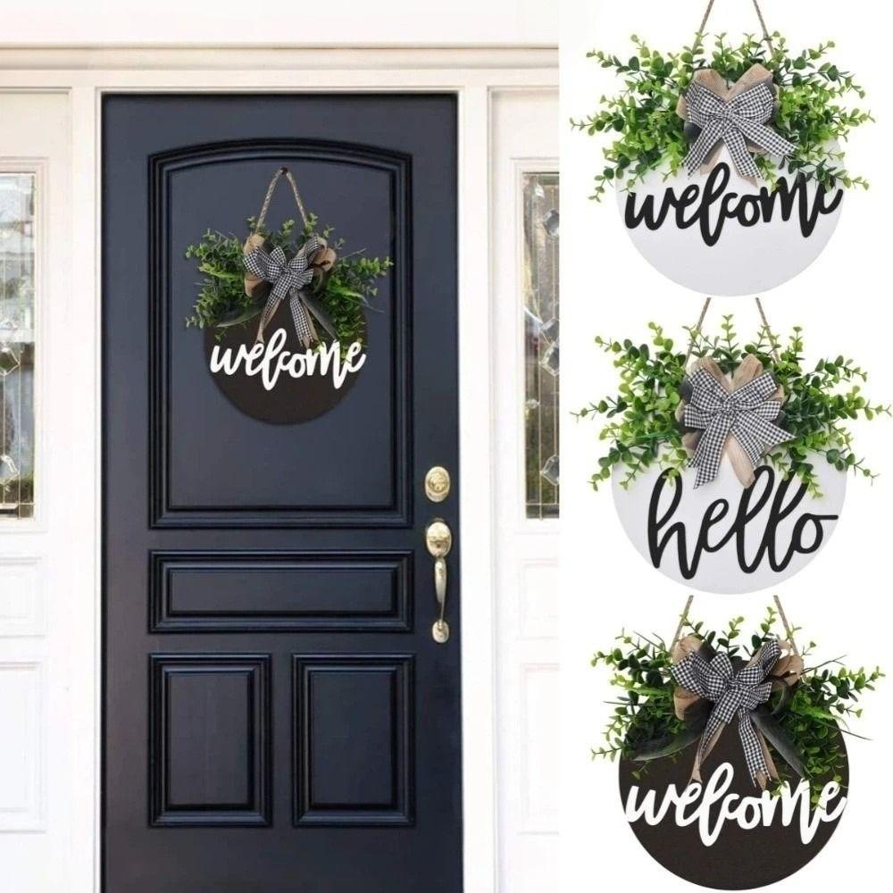 30cm 11.81in Wooden Welcome Sign Artificial Plant Wall Art Creative Hanging Decoration Wall Decor