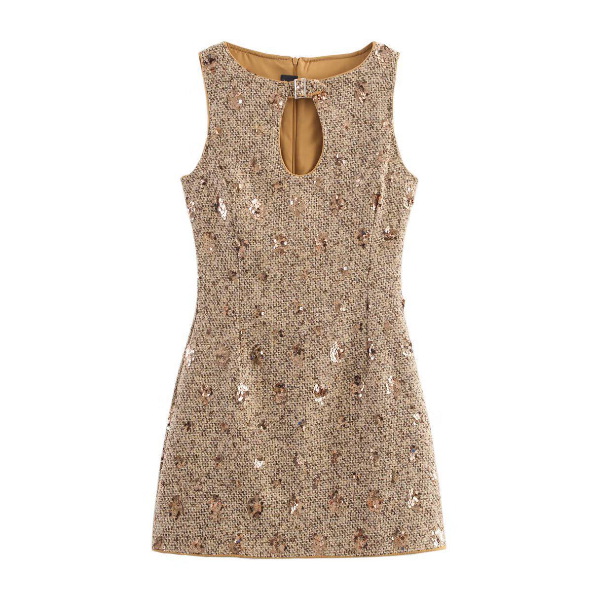 Женское платье без рукавов с пайетками в стиле французский шик, Осень 2025 - Европейский и американский стиль Extra Small хаки