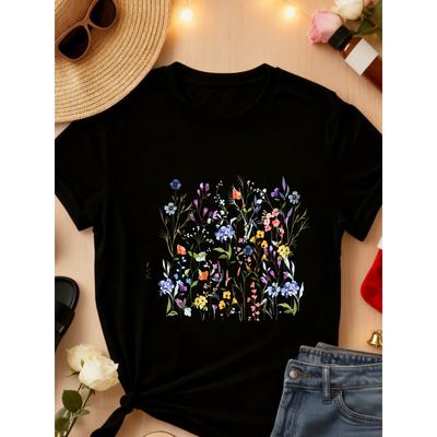 Womens Polyester Floral Garden Print Tee Crew Neck Short Sleeve Gray White Black 3 Colors Casual Commute Outdoor Daily Home Campus Holiday Family Wear