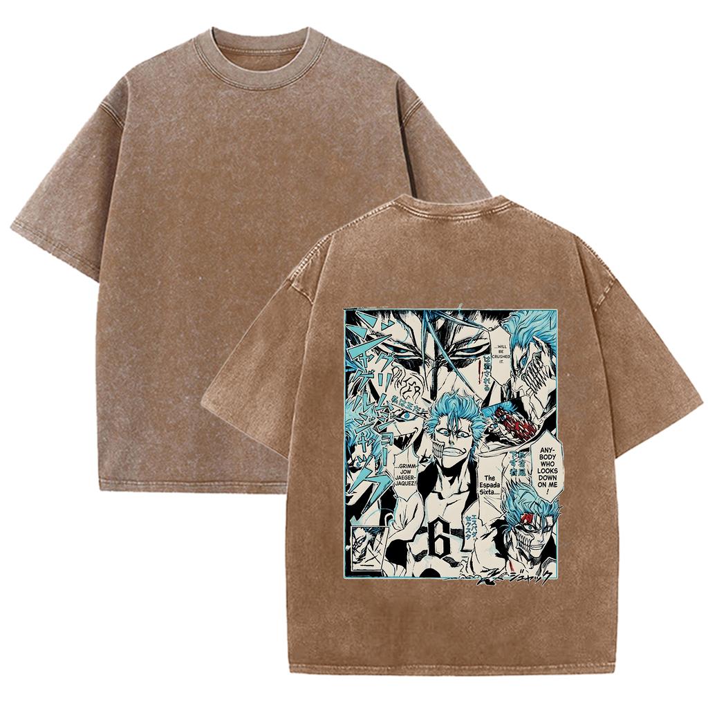 Vintage Washed Anime Character Print T-shirt Men Casual Loose Streetwear Cotton Short Sleeve Tops