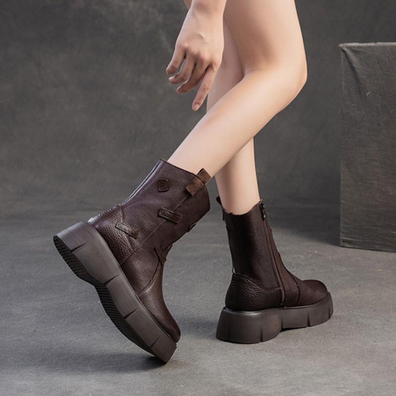 Johnature British Style Thick Soled Genuine Leather Mid-calf Boots Versatile Women's Flat Platform Shoes