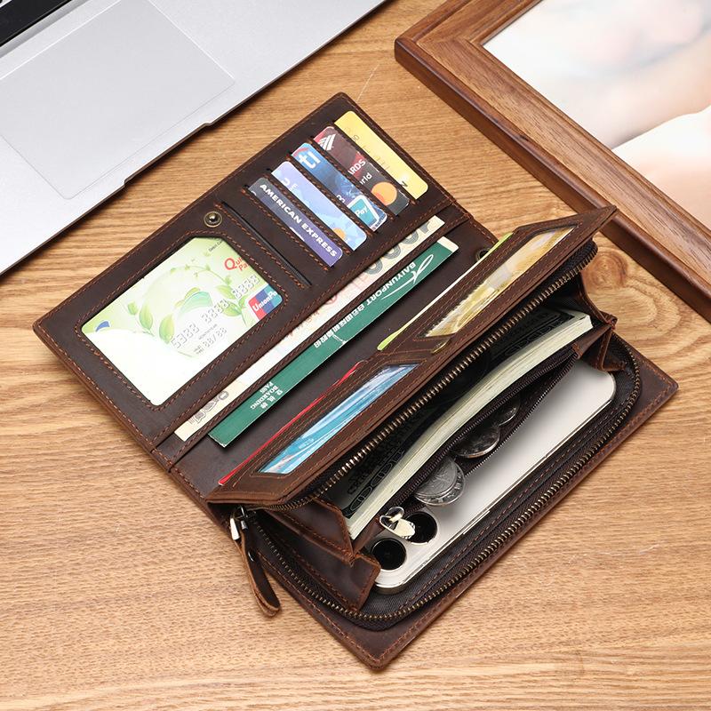 Pánská taška na peníze proti krádeži, Dlouhá z pravé kůže, Vintage pánská vertikální peněženka