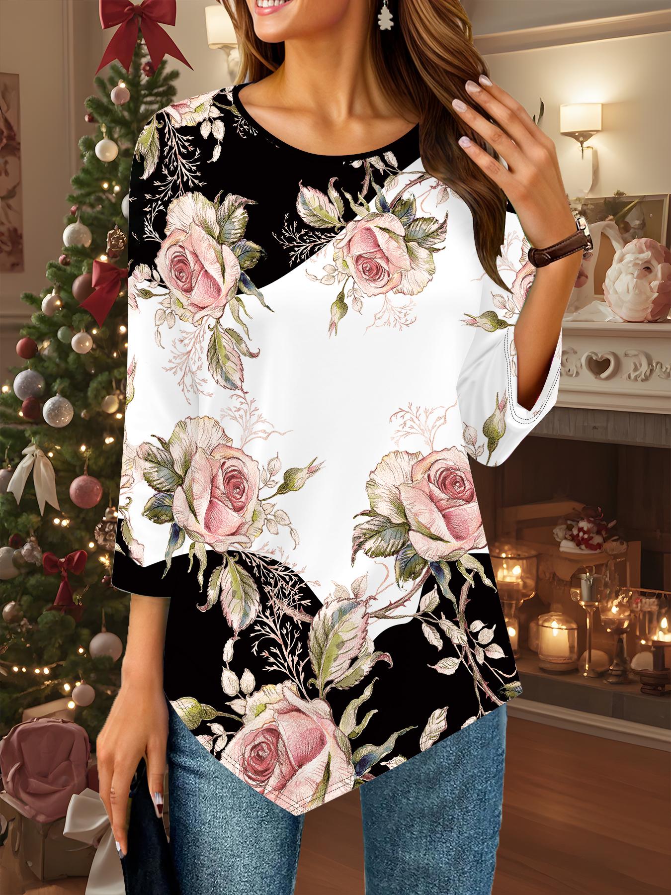 

Women s Loose Round Neck Three Quarter Sleeve Tee 3D Flower Pattern XS червоний