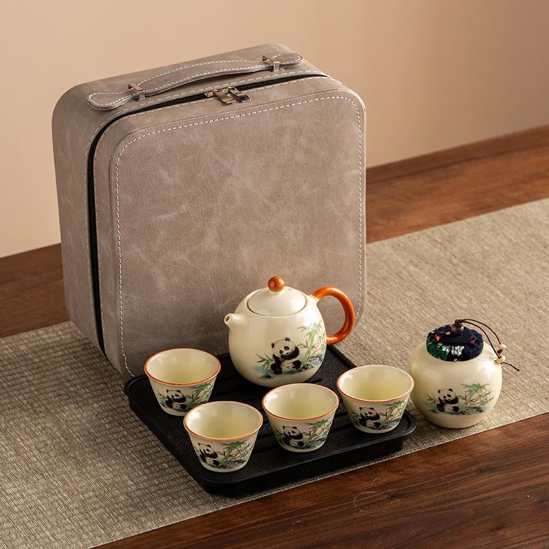 Guochao Open Film Ru Kiln Panda Kung Fu Travel Tea Set Teapot Teacup High-end Gift Box Business Companion Gift