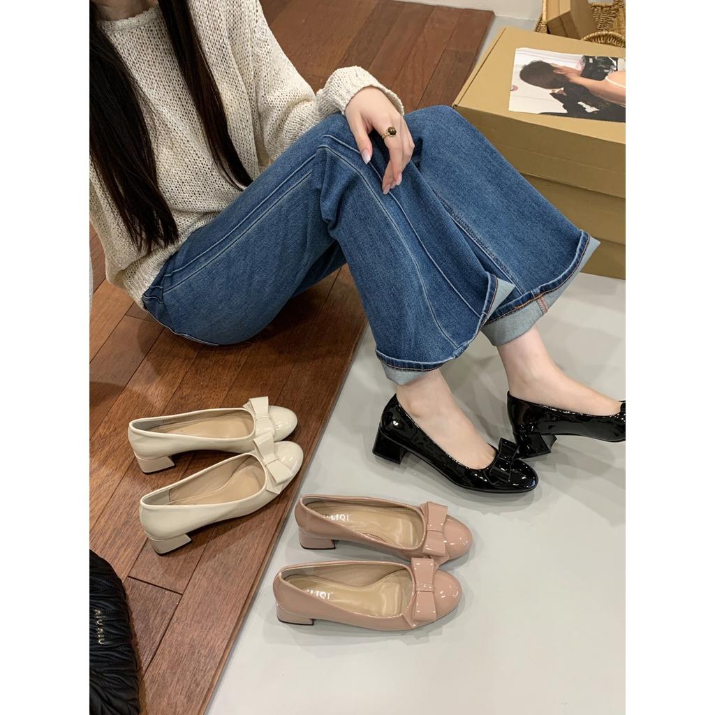 French Round Head Thick Heel Bow Single Shoes Women's 2025 Autumn New Temperament Covered Ancient Fairy Style Patent Leather High Heels