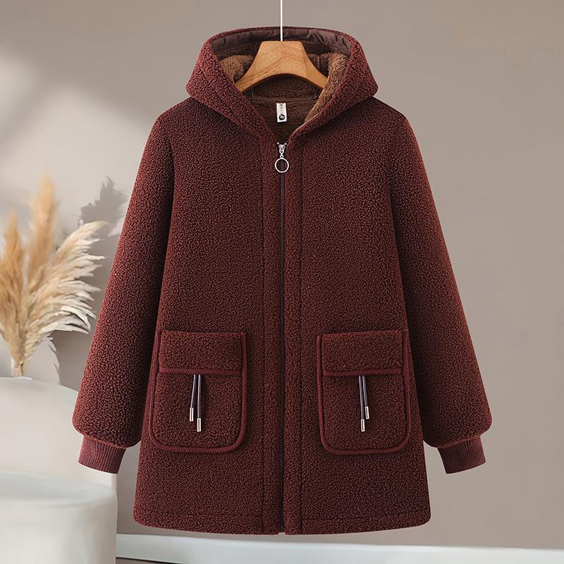 2025 Hooded Mid-Length Woolen Winter Jacket for Women with Plus Size and Thick Velvet Lining