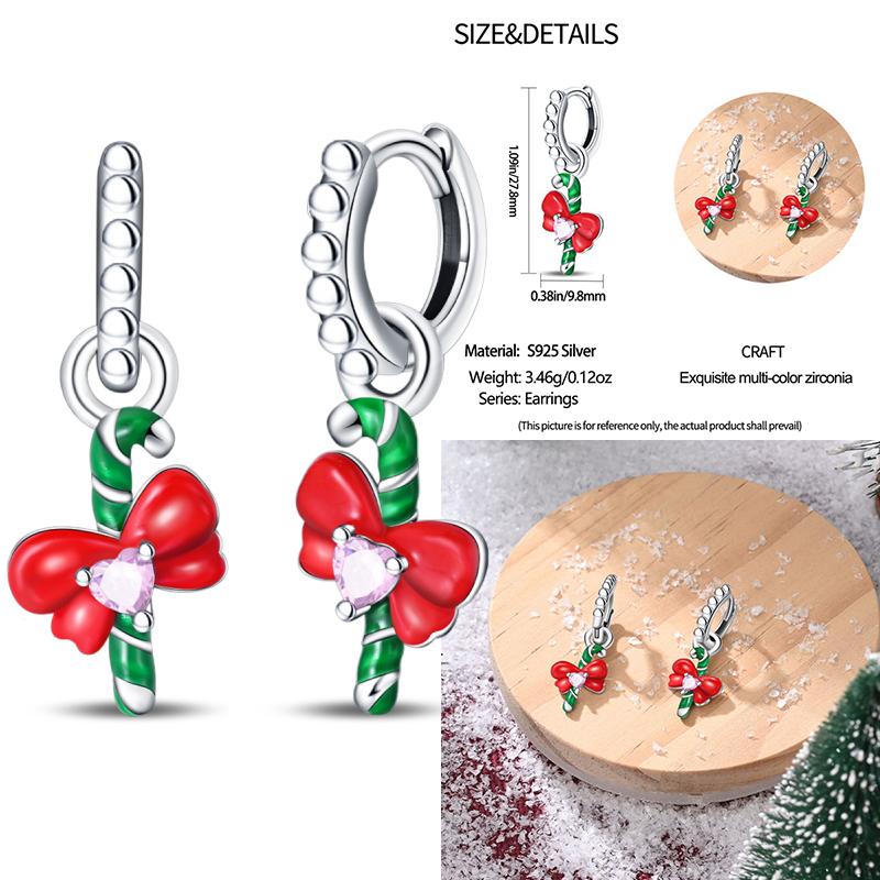 

925 Sterling Silver Christmas Cane Wreath Tree Leaves Bells Earrings Red Bow for Women Creative Jewelry Christmas Themed Gifts