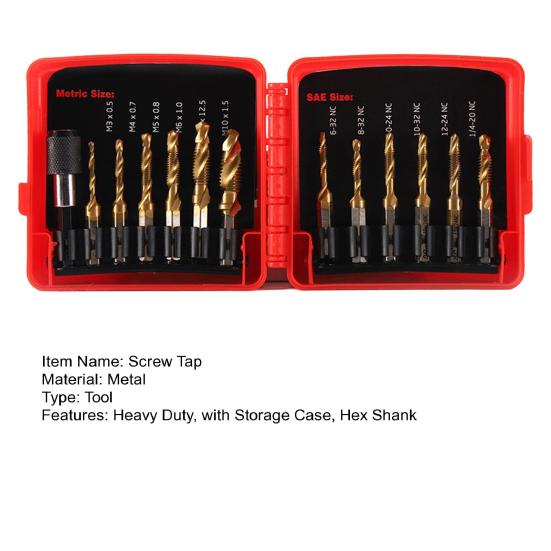 13ks/Sada SAE Metrická Sada Závitníků se Skladovacím Pouzdrem Velmi Odolná Rychlořezná Ocel Šestihranná Stopka Kombinovaný Vrták Závitník Sada