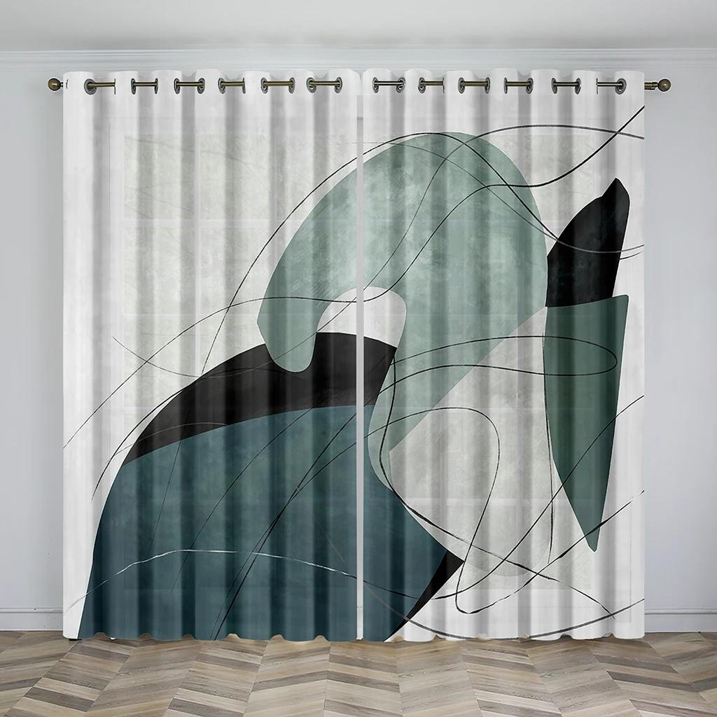 Modern Abstract Geometric Art Design Graffiti 2 Pieces Thin Shading Window Curtain for Living Room Bedroom Decor