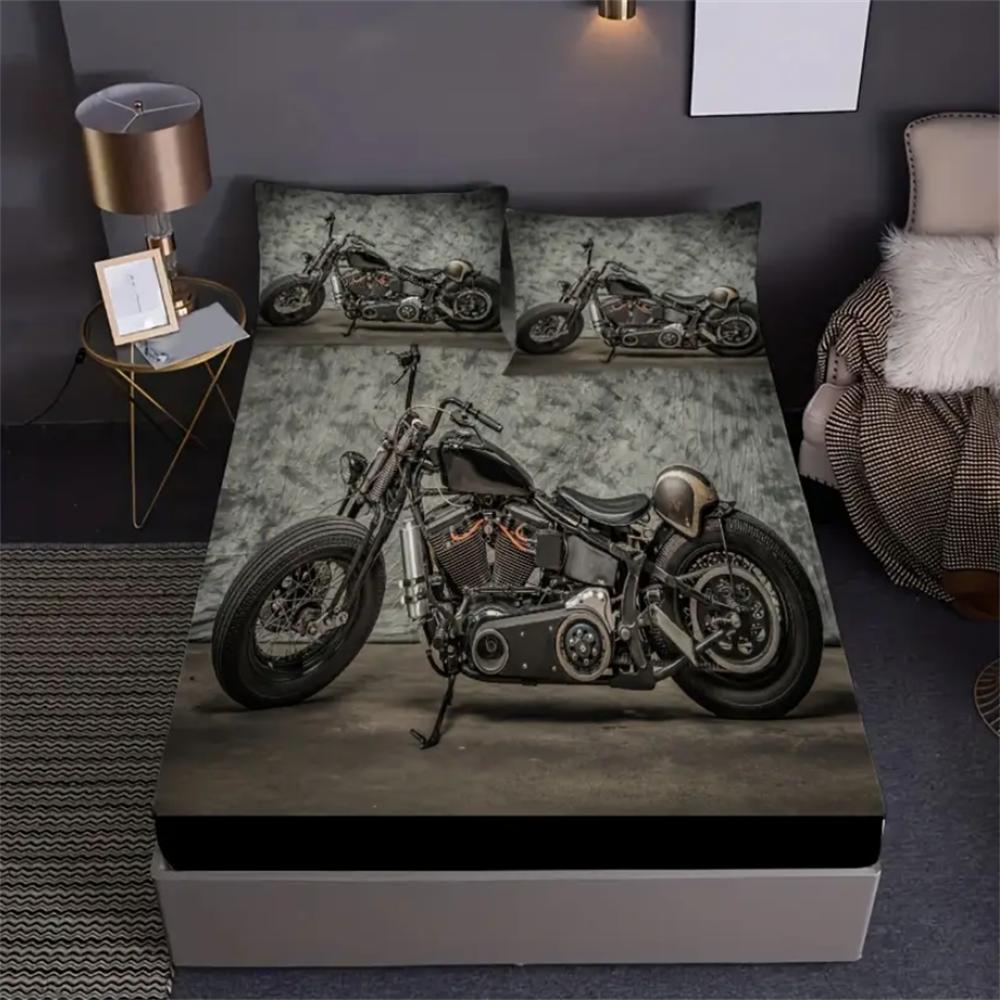 2/3pcs Vintage Black Motorcycle Fitted Sheet Set - Soft, Breathable, Retro Mattress Covers with Deep Pocket - Perfect