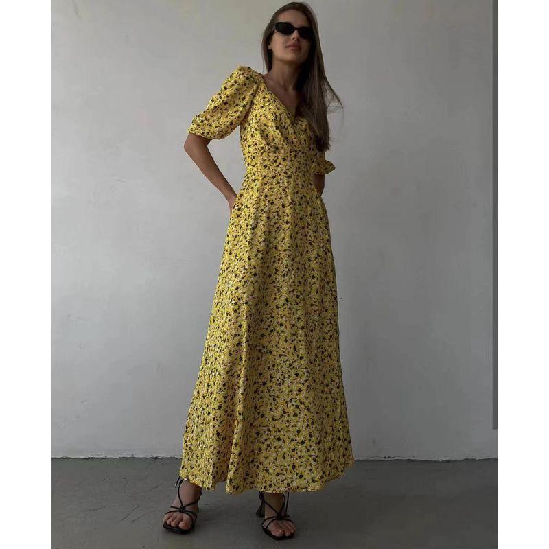 

Модное платье с принтом, разрезом, рукавами-фонариками, приталенное, с V-образным вырезом, Платье с принтом и рукавами-фонариками Yellow S