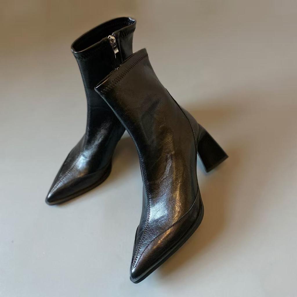 Fashion Retro Brown Pointed Toe Ankle Boots Chunky Heel Women Faion Waterproof Leather Comfortable Breathable Fall Winter Spring