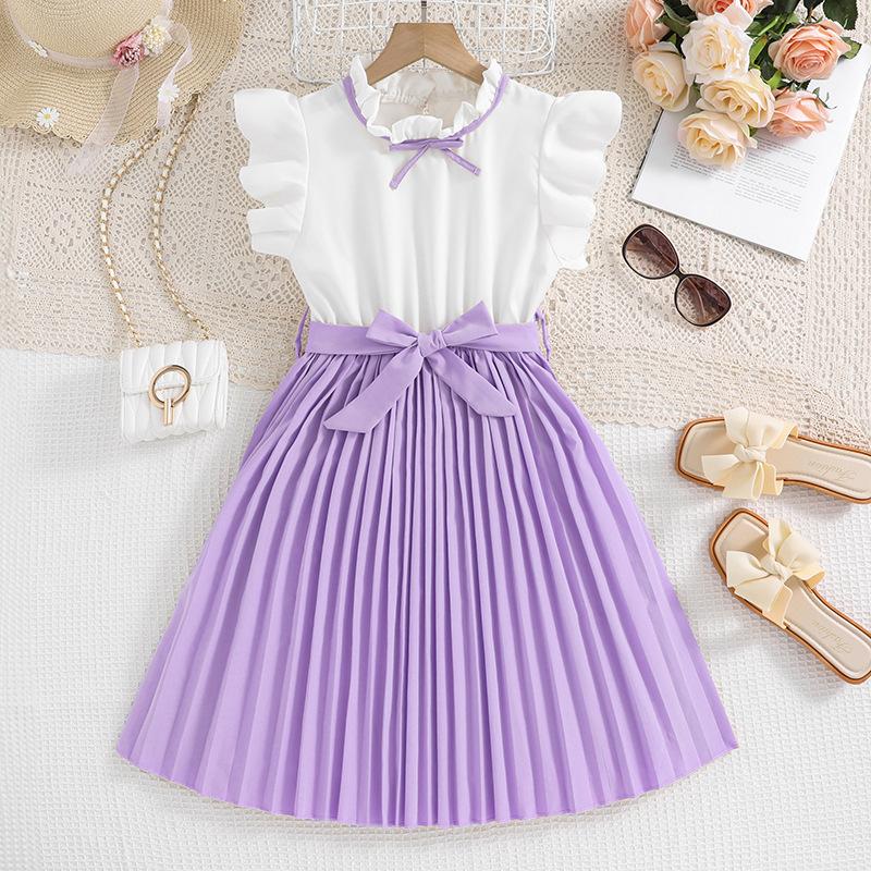 Girls' Dress Children's Clothing Summer Style Flying Sleeves Color Blocked Pleated Children's Princess Dresses