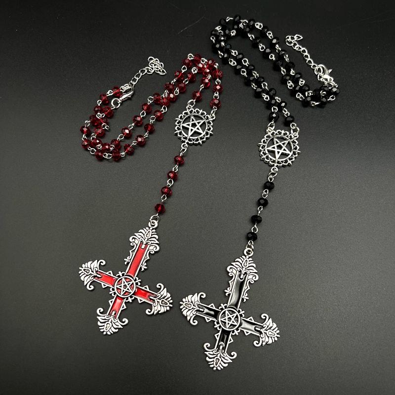 Pentagram Inverted Cross Rosary Baphomet Occult Gothic Sigil of Satanic Jewelry Devil Necklace Trad Goth Jewelry Gift Handmade