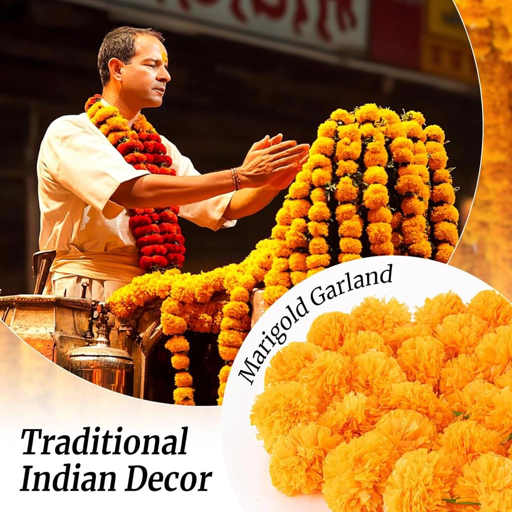 5PCS 5 Feet Marigold Garland for Decoration - Marigold Flowers Garlands for Indian Diwali Day of The Dead Decorations, Indian Weddings (Orange)