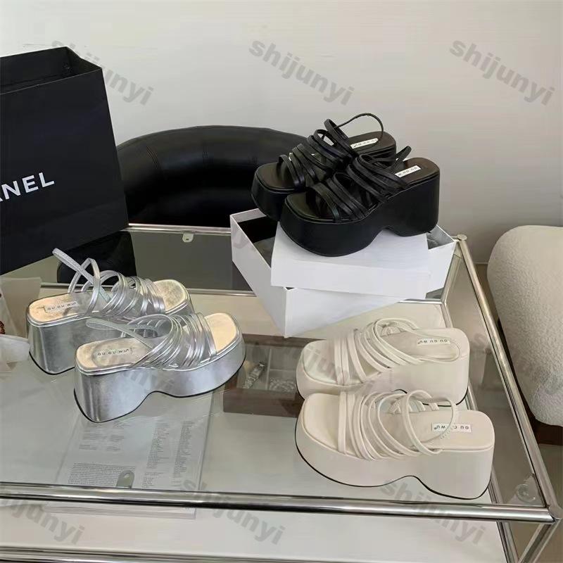 Fashion Women's Summer Chunky Heels Sandals New Fashion Strap High Heeled Slippers Woman Black Slip On Casual Platform Sandalias Mujer