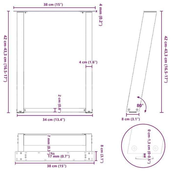 VidaXL Pieds de table basse en U 2 pièces Acier naturel 38 x (42-43) cm Acier 4012763