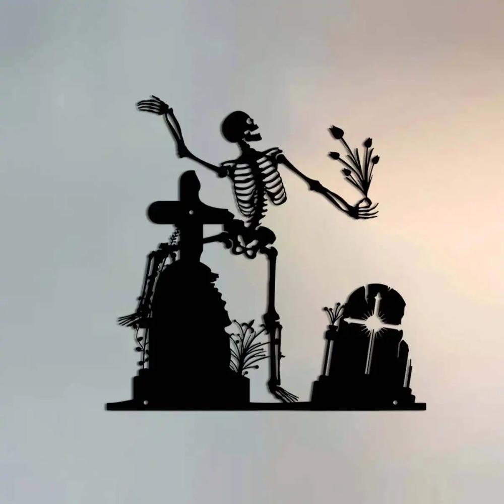 Metal Skull Wall Art Gothic Cemetery Decor Ornate Grave Marker Indoor Outdoor Garden Living Room Tombstone Sculpture