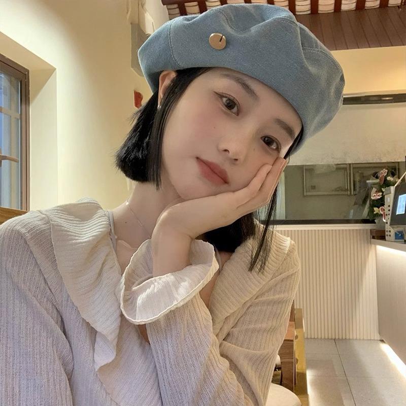 Denim Beret Women's Spring and Autumn Korean Style Versatile Face Show Little Belem Painter Hat Big Head Wrap Hat Trendy