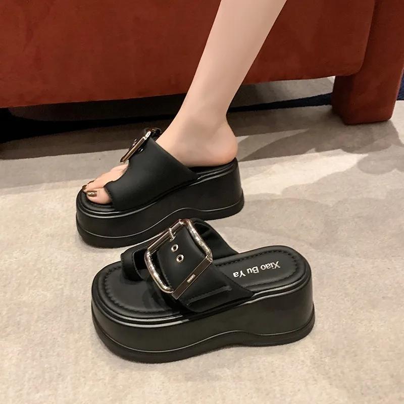 Moda 8cm Ciabatte Estive da Donna Chunky Moda Sandali con Zeppa Infradito Ciabatte con Fibbia Zeppe Platform Scivoli da Spiaggia Zapatos
