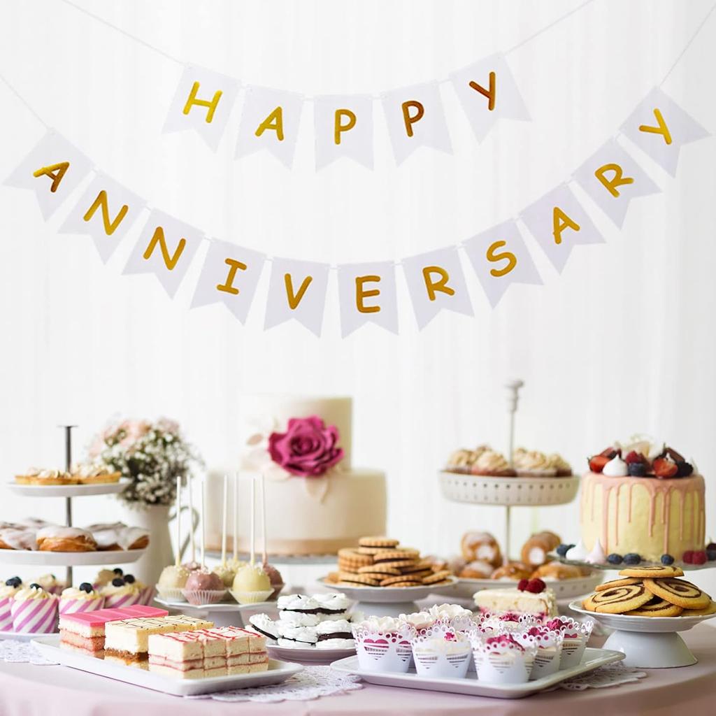 White Happy Anniversary Banner, Party Supplies for Wedding Birthday Party Ceremony Decoration