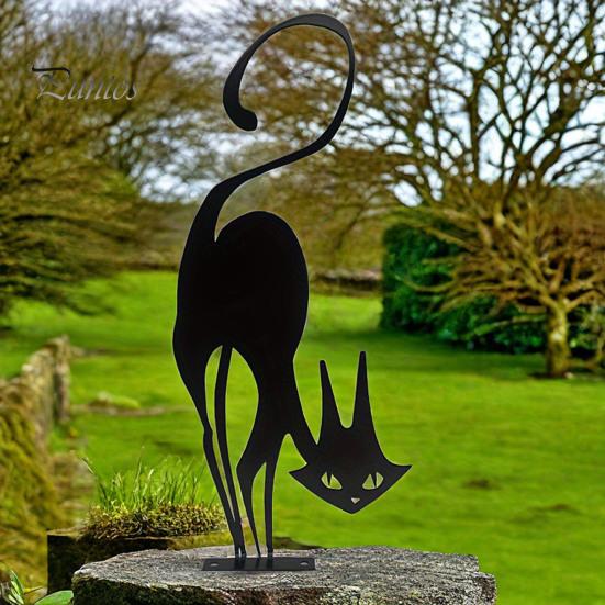 Weather Resistant Garden Decor Black Cat Fence Topper Decoration, Rusty Metal Sign for Halloween, Patio Retro Animal Shape Ornament Outdoor Yard Lawn