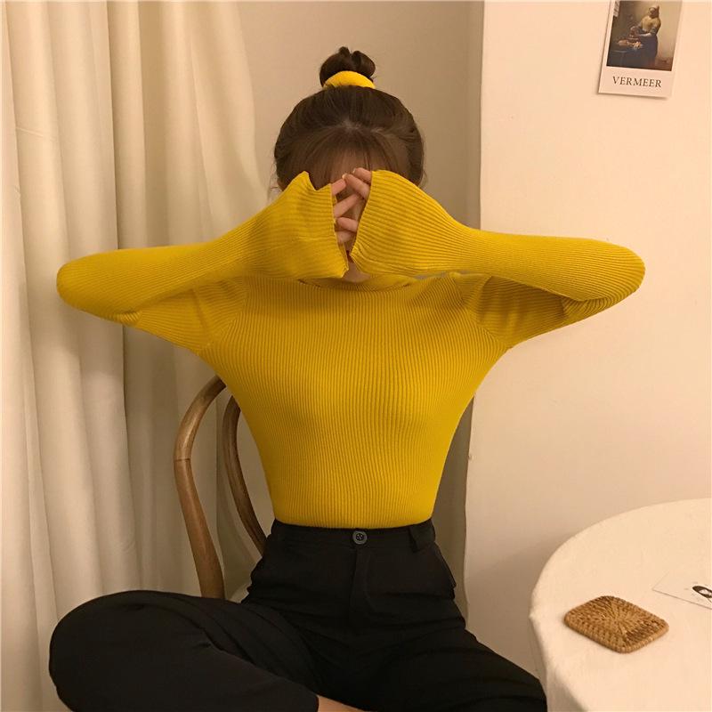 High Neck Solid Color Knit Sweater - Women's Long Sleeve Korean Style Pullover for Autumn/Winter