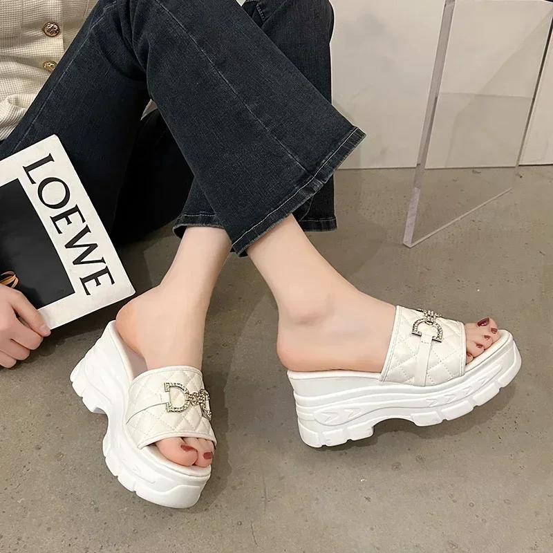 Chain Wedges Slippers Women High Heels Platform Shoes Summer Luxury Open Toe Flip Flops Beach Sandals Pumps Mujer Slides