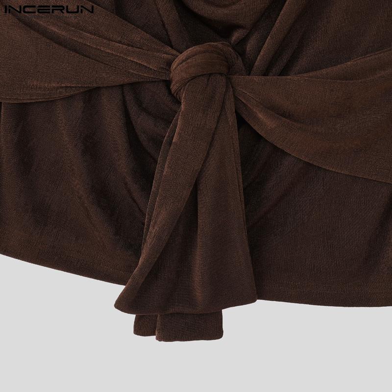 INCERUN Autumn Spring Men Swing Collar Long Sleeve Bandage Waist Casual Tops T-shirts
