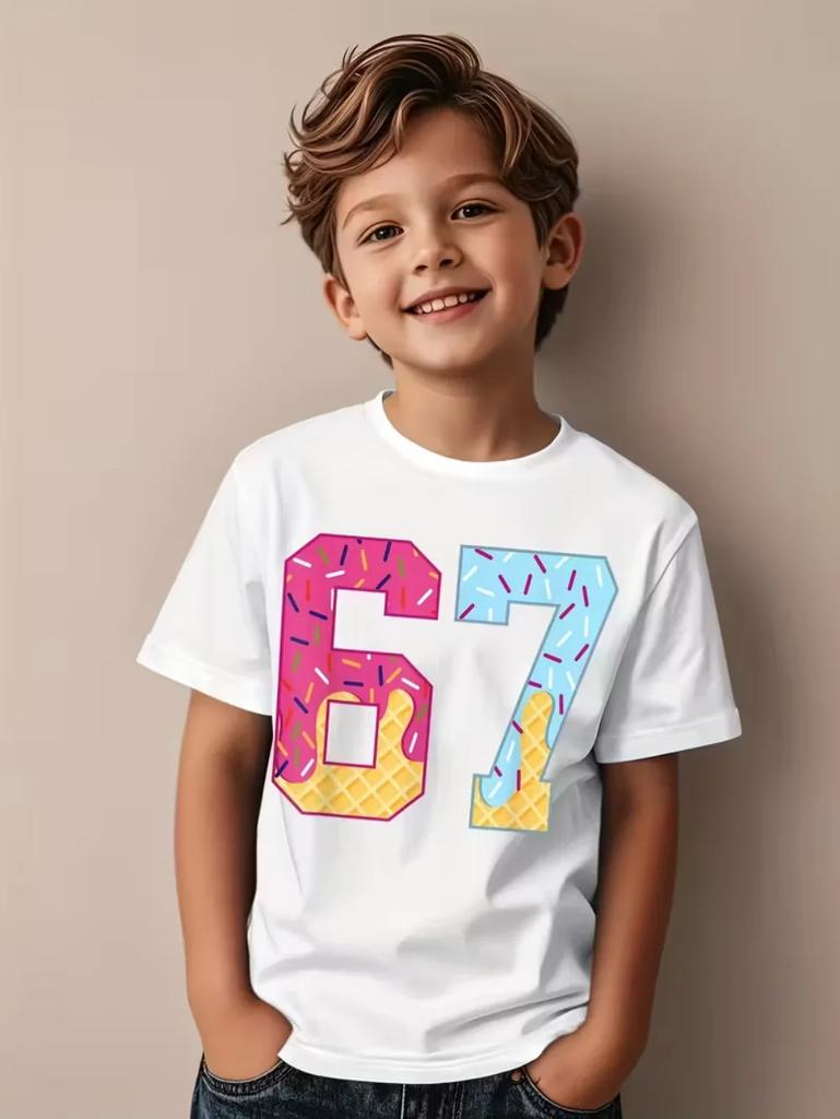 2026 67t Childrens Fun Number Summer ShortSleeve TShirt Cotton Loose and Comfortable Top Street Fashion Casual Stylish