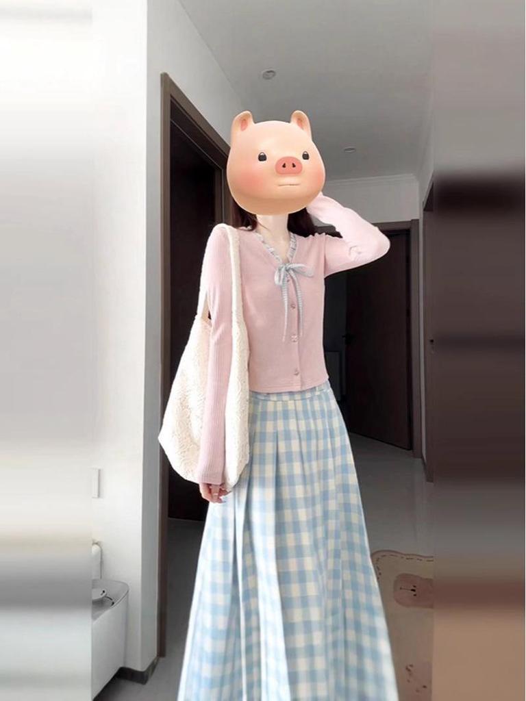 Women's Spring/Autumn Plaid Cardigan Dress with Lotus Leaf Collar - Trendy Two-Piece Set