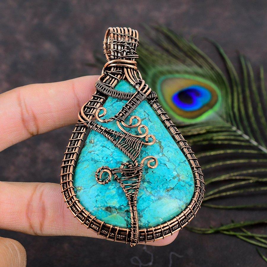 Natural Tibetan Turquoise Gemstone Copper Wire Wrap Gift Pendant 3.86 M1r41
