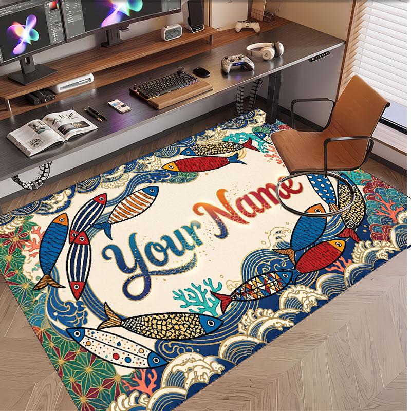 Fish Ocean Theme Soft Crystal Velvet Rug Custom Name & Text Print Non Slip Floor Rug for Bedroom Living Room